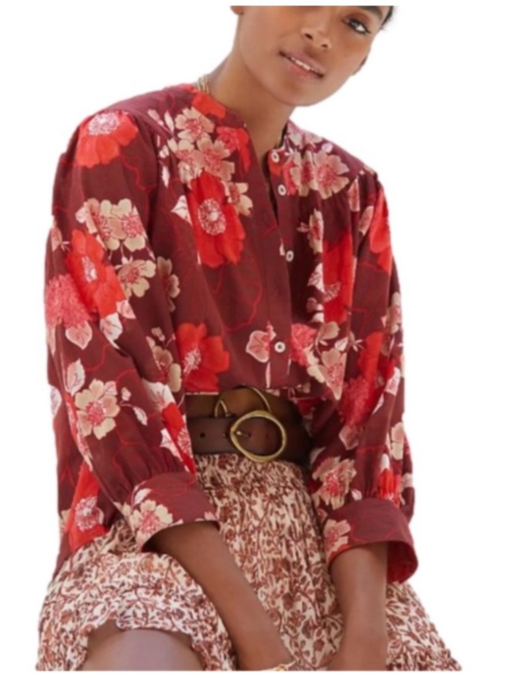 Porridge Anthropologie Red Floral Button-Front Blouse